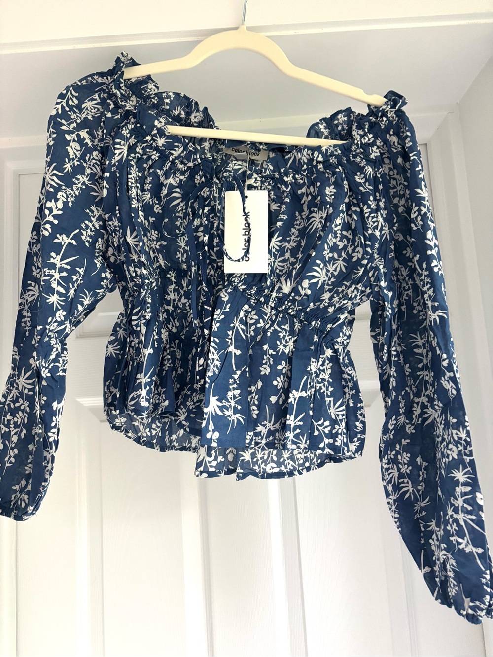 Blue and white Floral Off-Shoulder Peasant Blouse